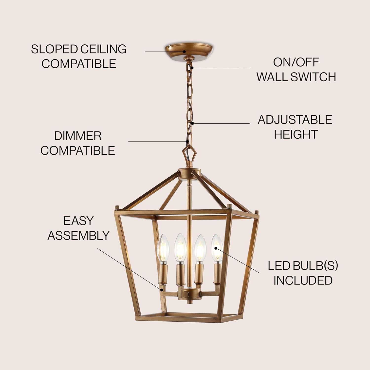 JONATHAN Y Pagoda 4-Light Pendant 12" Cage, Antique Gold