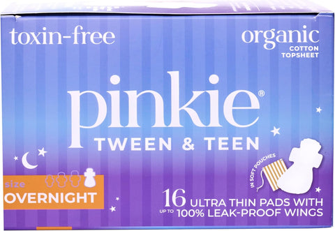Pinkie Overnight Pads for Tweens & Teens, Organic Cotton Topsheet, 16 Ct