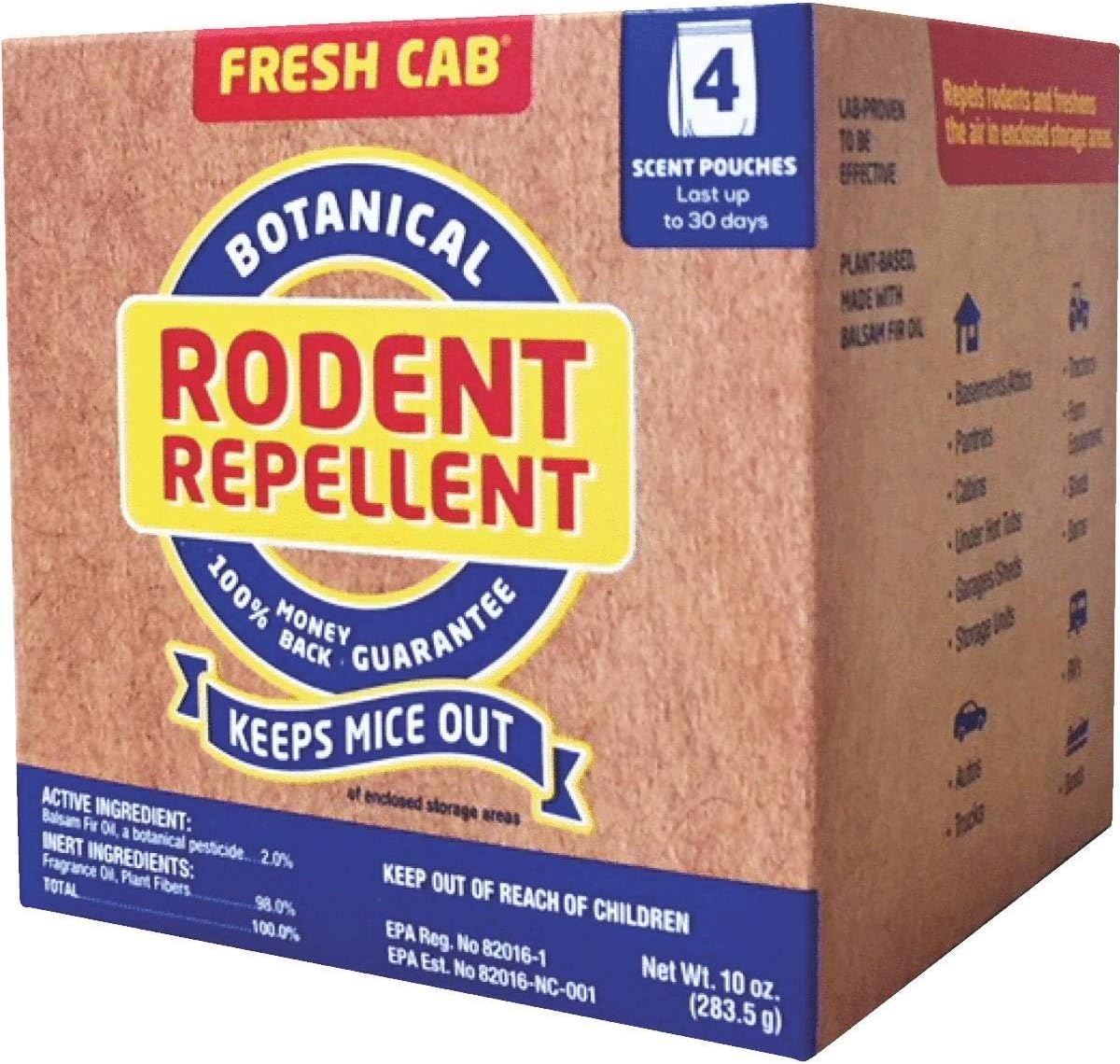 EarthKind EMW7208598 Fresh Cab Rodent, Rats and Mice Repellent With Blend Of Plant Fiber and Botanical Extracts For Use On The Farm, Industrial Settings, Garage or RV, 2.5 Ounce x 4 Scent Pouches