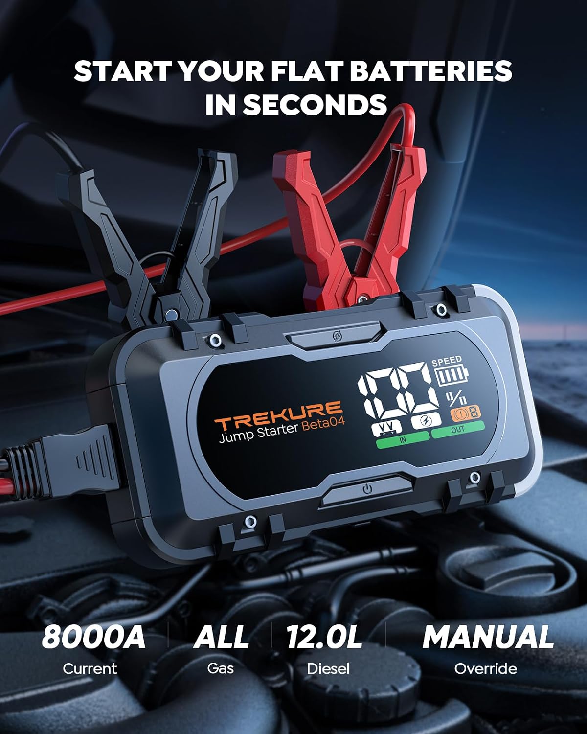 8000A Car Battery Jump Starter, Battery Jumper Starter Portable (All Gas/12L Diesel), 27000mAh 65W Charging Jump Box, Portable Car Jump Starter with 160W DC, 600LM Light, Extended Jumper Cables