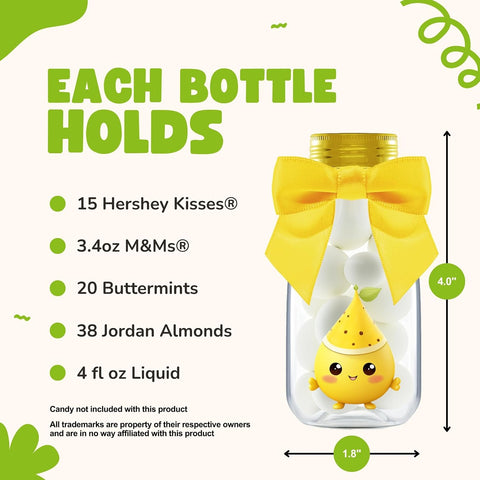 Ethisa Small 12 Pack Lemon Party Favors - DIY Candy Jars with Ribbons and Stickers - Party Decoration Bottles for Wedding, Birthday, and Baby Shower - Lemon Table Centerpieces