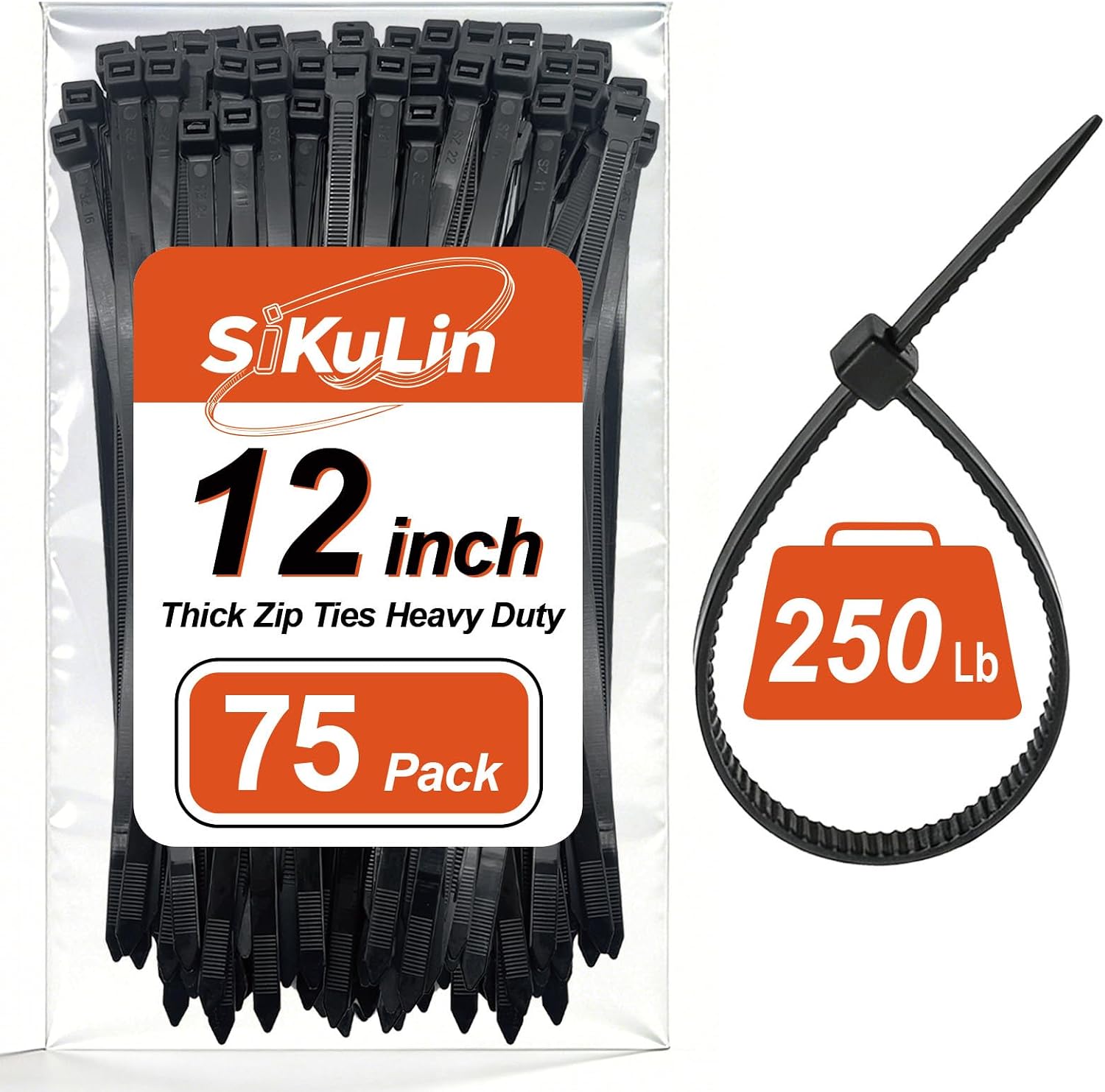 Thick Zip Ties Heavy Duty, 12 inch, Black, 250 lb High Strength, 75 Pack, Heavy Duty Zip Ties for Outdoor Use, Extra Wide & Strong UV Resistant Cable Ties, Wire Ties, SiKuLin