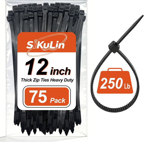 Thick Zip Ties Heavy Duty, 12 inch, Black, 250 lb High Strength, 75 Pack, Heavy Duty Zip Ties for Outdoor Use, Extra Wide & Strong UV Resistant Cable Ties, Wire Ties, SiKuLin