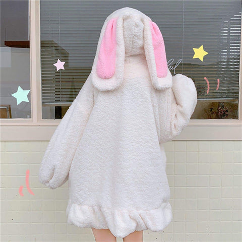 Women Cute Bunny Hoodie Long Sleeve Fuzzy Fluffy Rabbit Sweatshirt