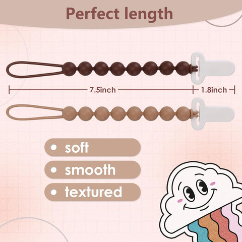 4-Pack Silicone Pacifier Clips with One-Piece Beads for Baby Boys and Girls - Flexible and Rust-Free Holders for Teething Relief and Baby Essentials, Safe for Newborns (Brown)
