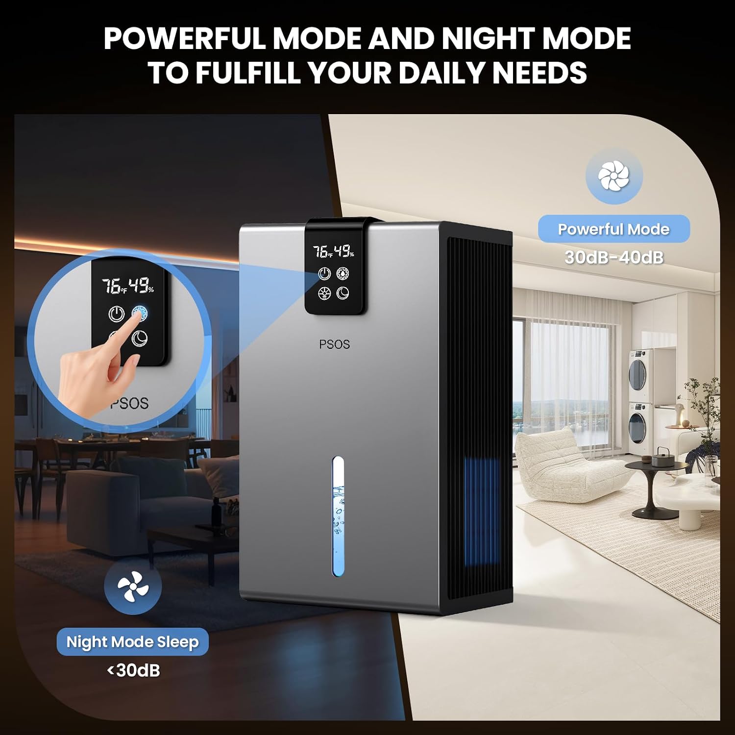 PSOS Dehumidifier, Dehumidifiers for Home, 98 OZ Water Tank, (1000 sq.ft) Quiet Dehumidifier for Basement Bathroom Bedroom with Humidity Display, Auto Shut Off, Relaxing 7 Color Ambient Light(Gary)