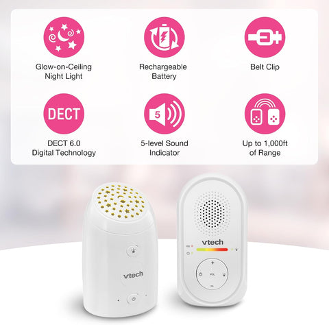 VTech TM8112 Audio Baby Monitor with Glow-on-Ceiling Starry Night Light, 8-Hour Rechargeable Battery, 1000ft Range & Belt Clip