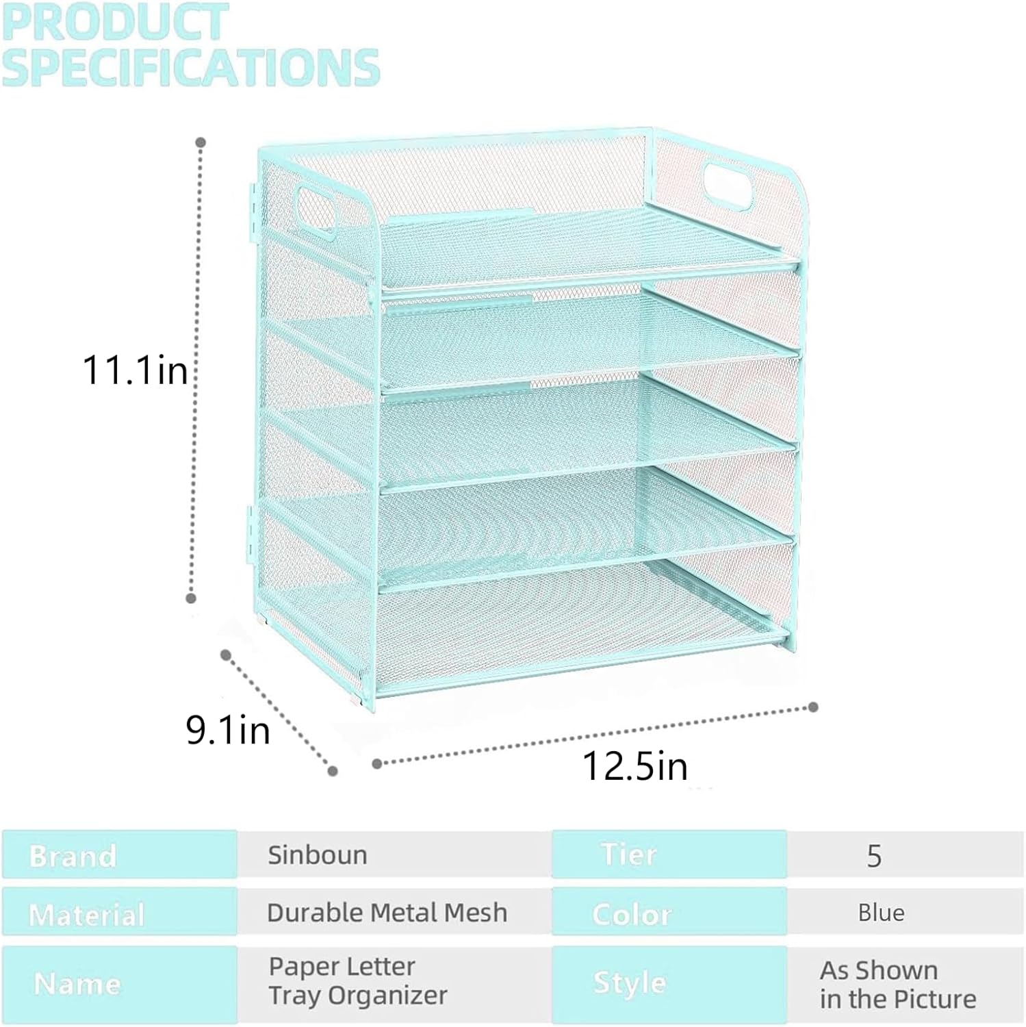 Letter Tray Paper Organizer 5-Tier Desk Organizer File Organizer Paper Holder with Handle, Metal Desktop Document Shelf Tray Office Classroom Organization - Blue