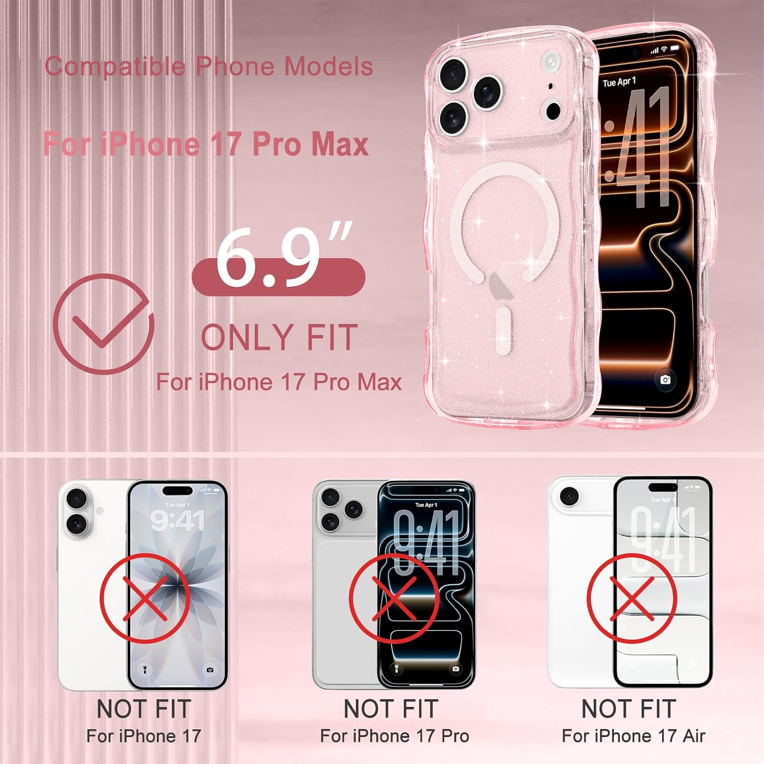 Pepmune Magnetic for iPhone 17 Pro Max Case Clear Glitter, Pink