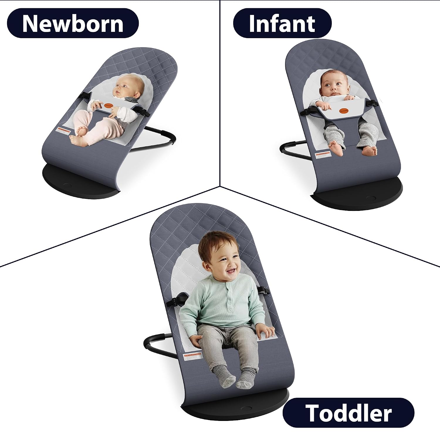 Portable Baby Bouncer Seat for Infants, 0-18 Months, 3 Modes of Use with Rocker & Stationary Options, Ergonomic Infant Chair with Hanging Toys – Grey