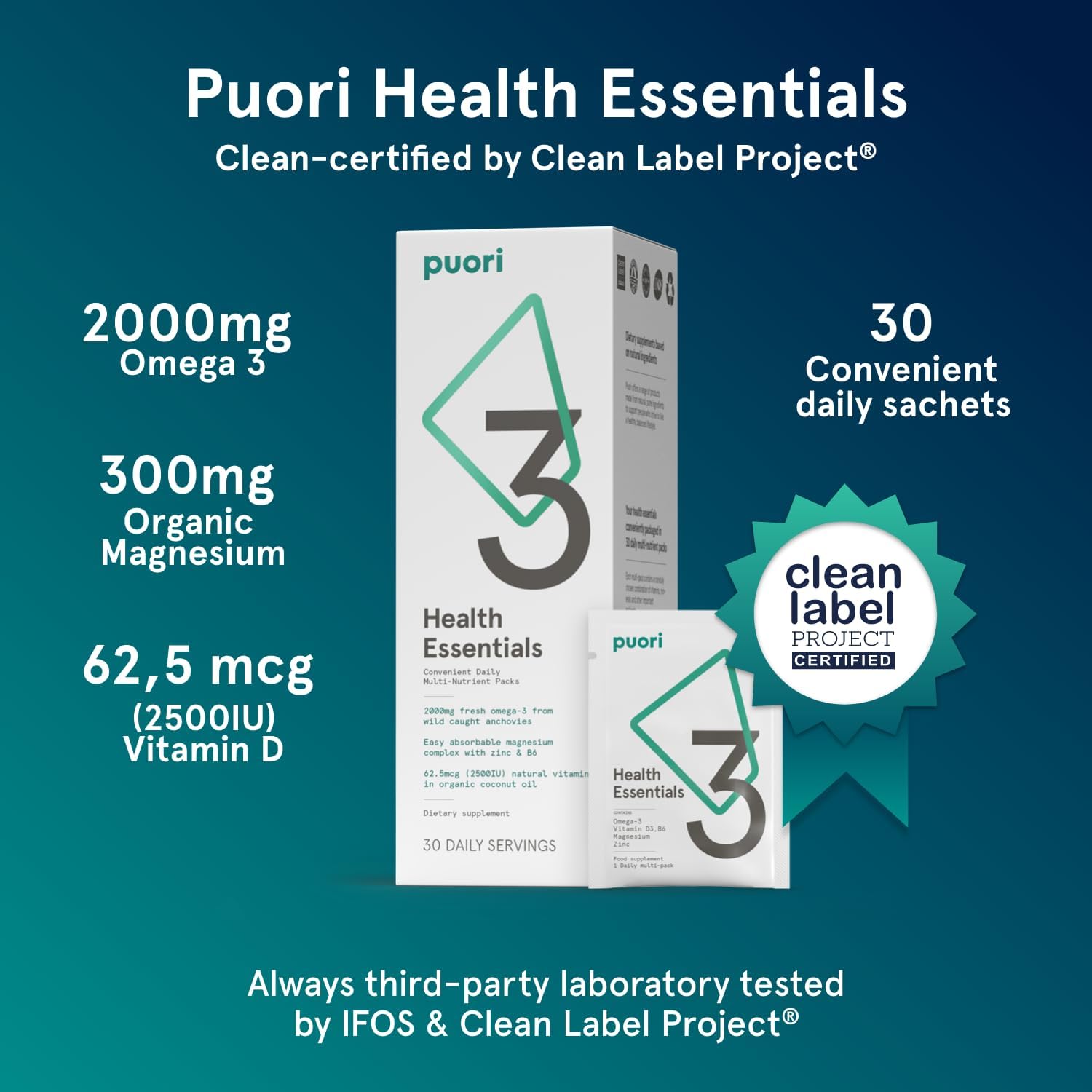 Puori P3 Health Essentials, Daily Multi-Vitamin Packs, 30 Servings