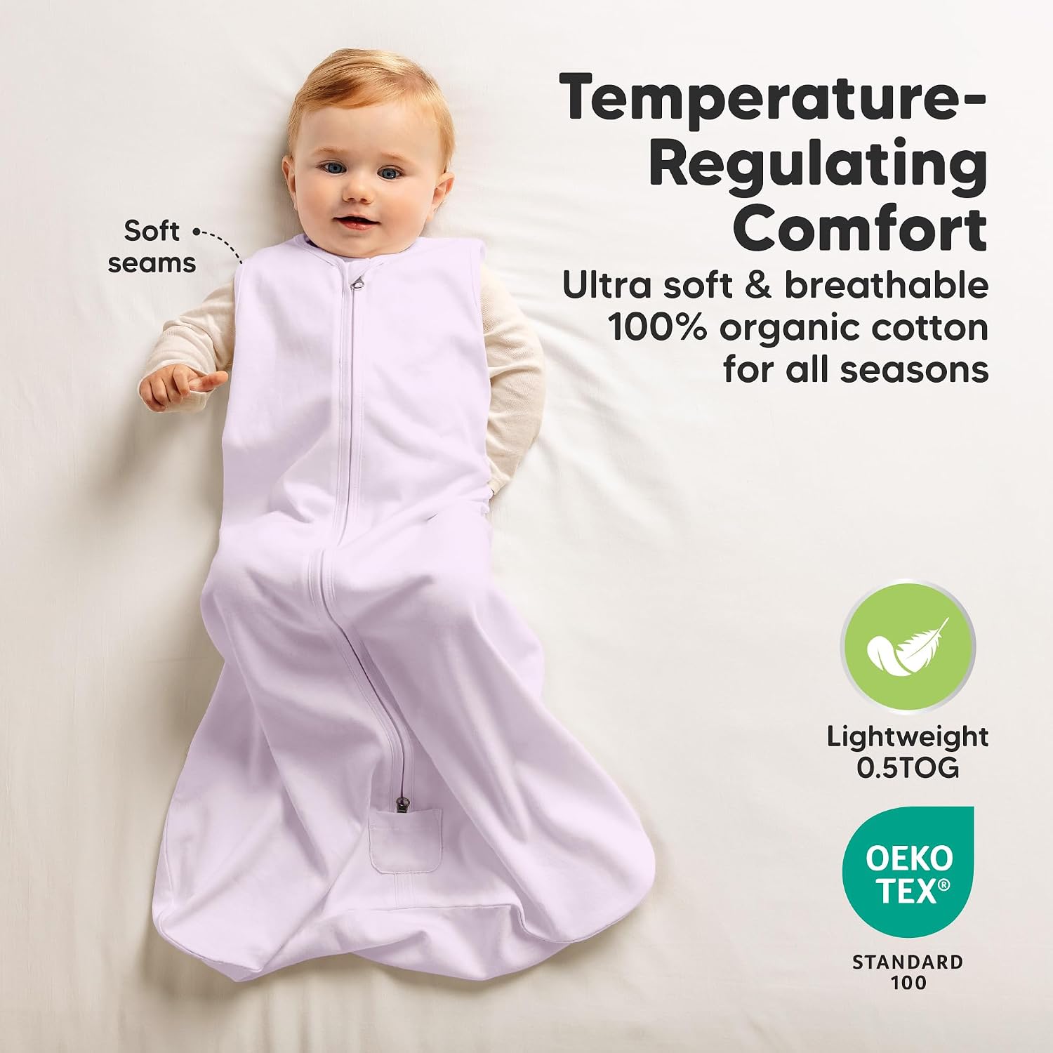 2-Pack Baby Sleep Sacks, Zipper Wearable Blanket,100% Cotton (Lilac, M)
