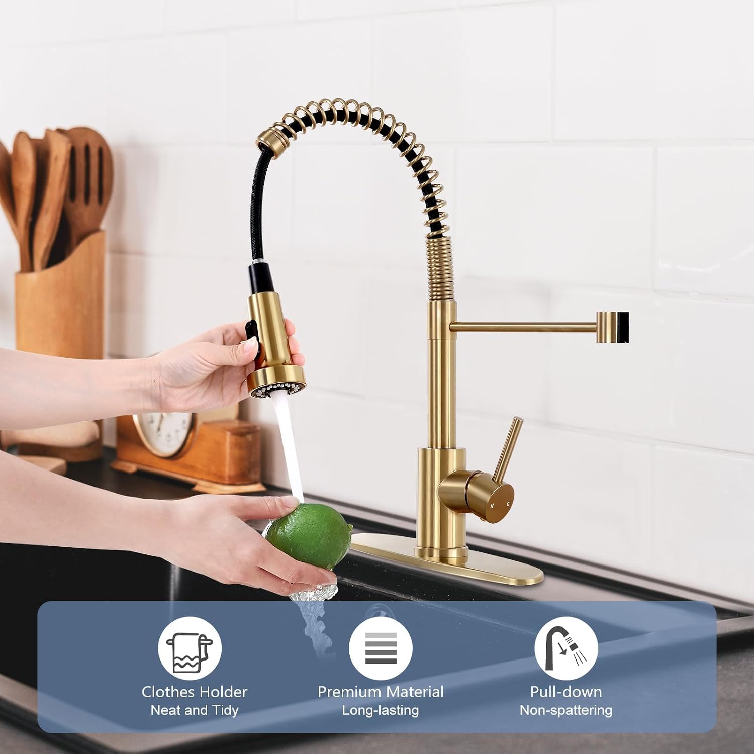 DJS Kitchen Sink Faucet with Pull Down Sprayer Single Handle Brushed Gold