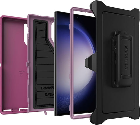 OtterBox Galaxy S23 Ultra (Only) - Defender Series Case - Morning Sky (Pink) - Rugged & Durable - with Port Protection - Holster Clip Kickstand - Microbial Defense Protection - Non-Retail Packaging