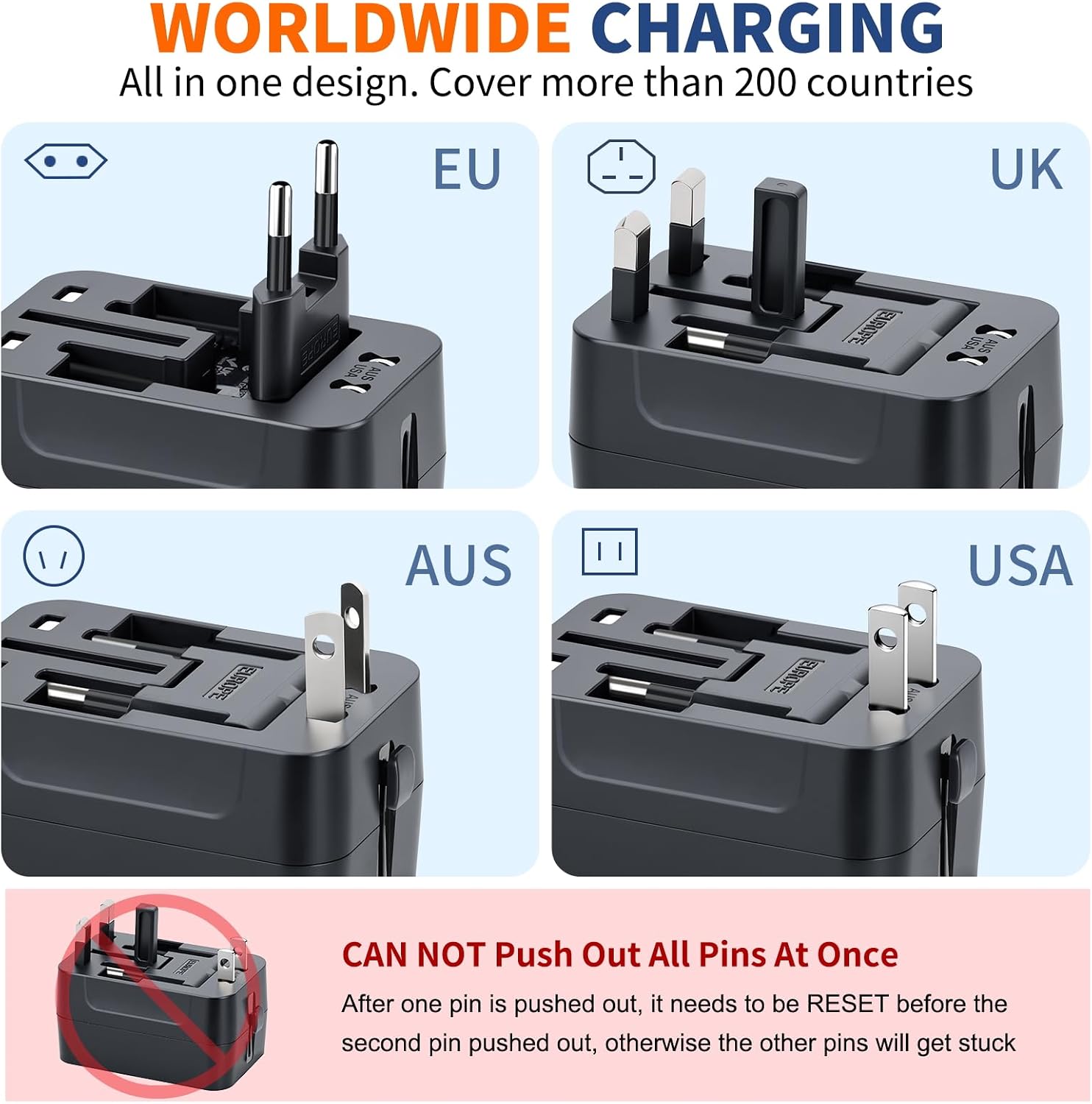 Universal Travel Adapter USB C, All in One Worldwide Plug Adapter, Black
