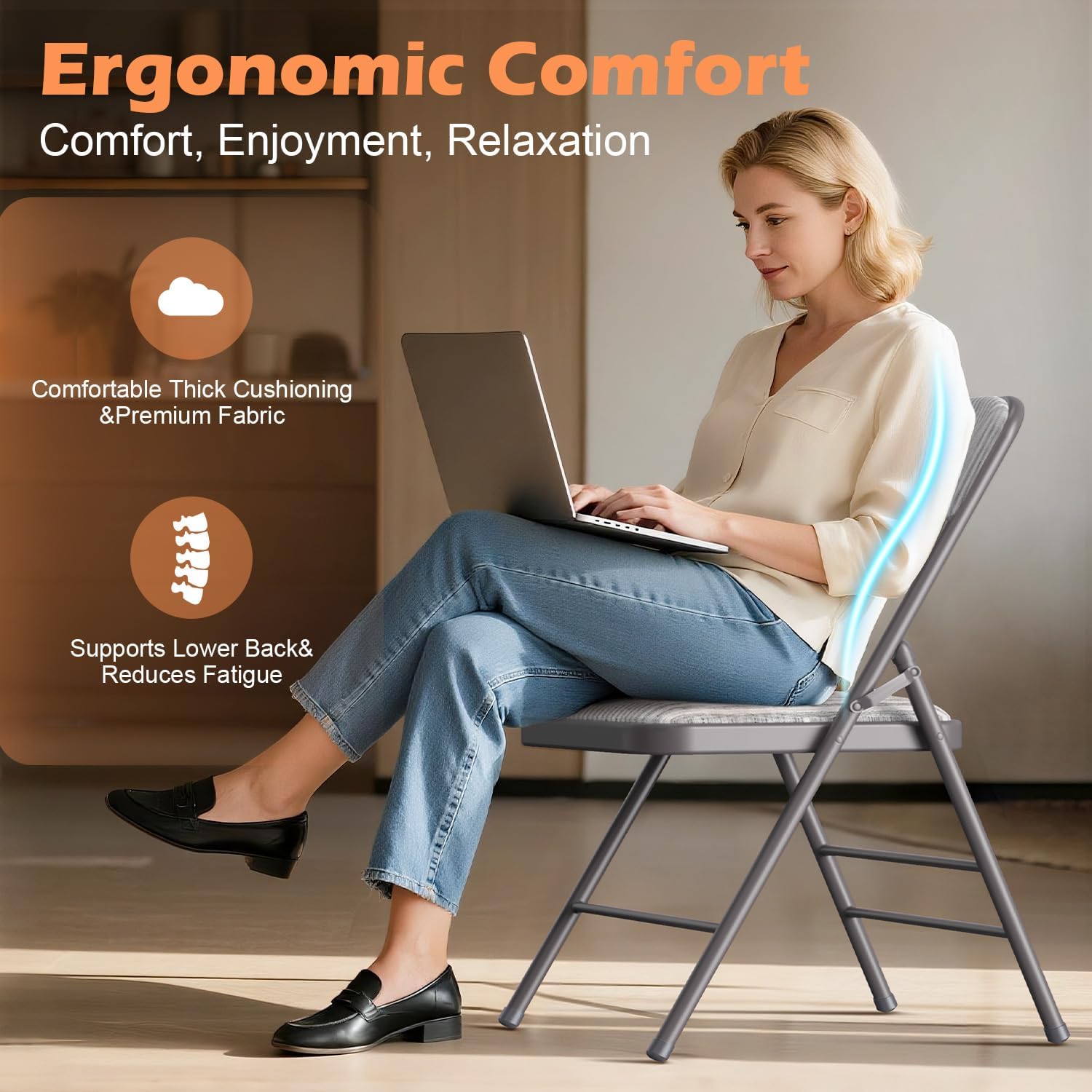 VTOY Commercial Grade Folding Chair with Padded Fabric Cushion（16"X16" |Double-hinged Legs Luxury Style|4.5kg Capacity Max Weight 150Kg for Home and Office,Indoor and Outdoor Events (4, Fabric-Beige)