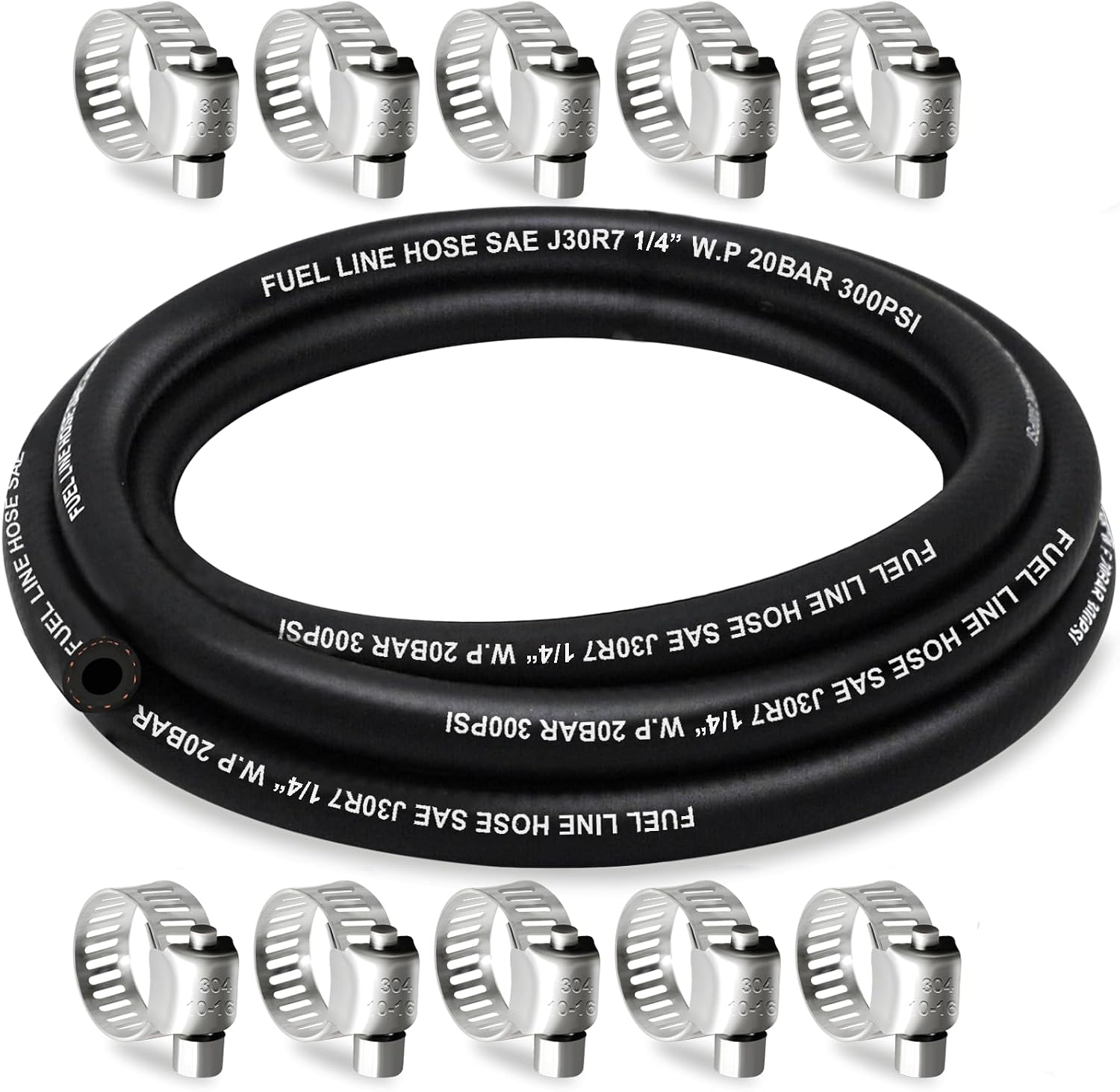 Fuel Line Hose 1/4 Inch ID, 10FT Fuel Hose, with 10 Clamps