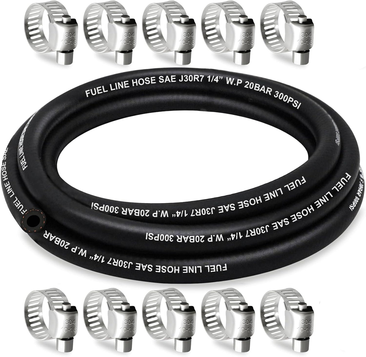 Fuel Line Hose 1/4 Inch ID, 10FT Fuel Hose, with 10 Clamps