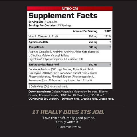 PMD Sports Nitro CM Nitric Oxide with Agmatine Supplement - 180 Capsules