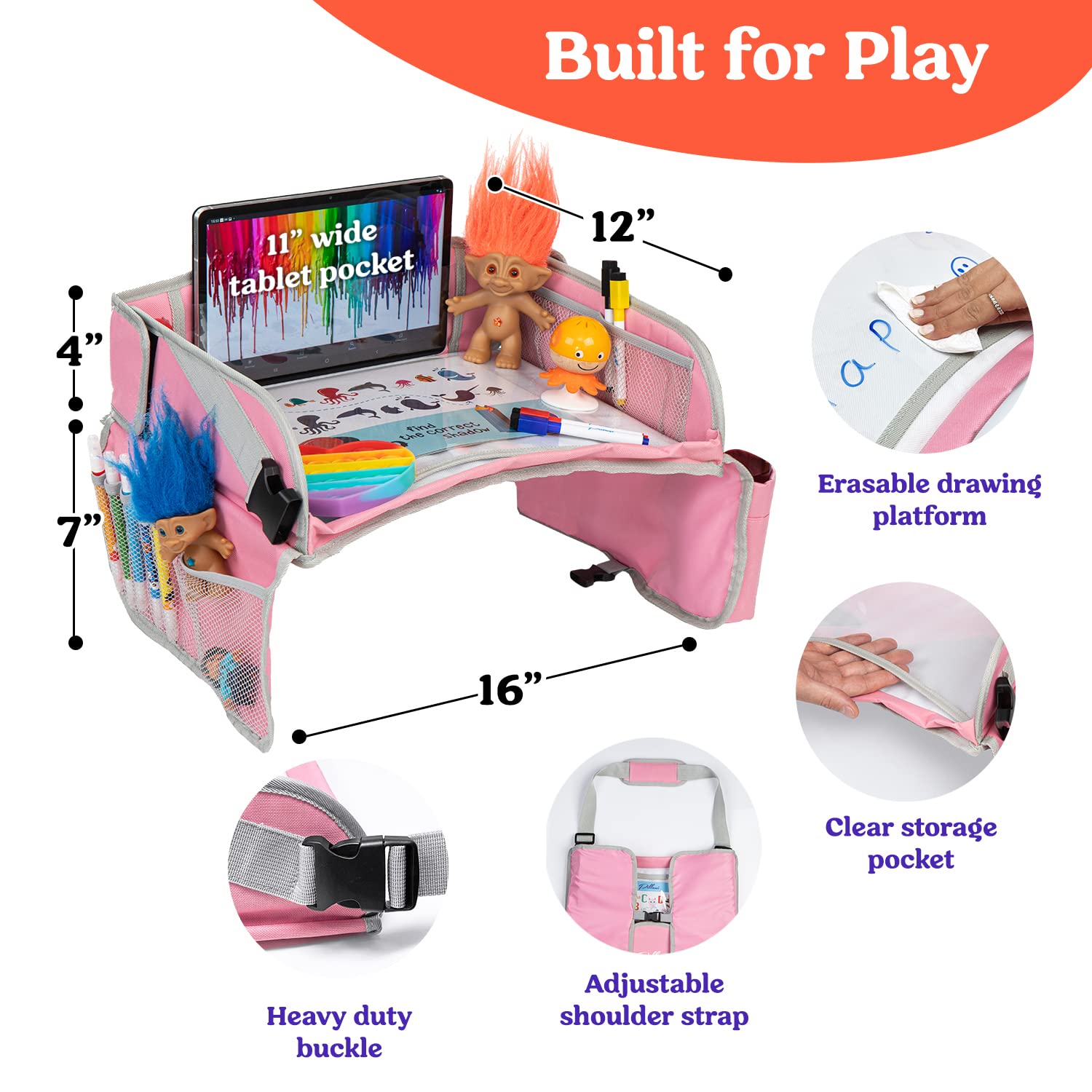 PILLANI Kids Travel Tray for Car - Car Seat Tray for Kids Travel, Road Trip Essentials, Carseat Table for Roadtrip Activities - Must Haves Toddler Lap Desk Organizer for Airplane - Car Accessories
