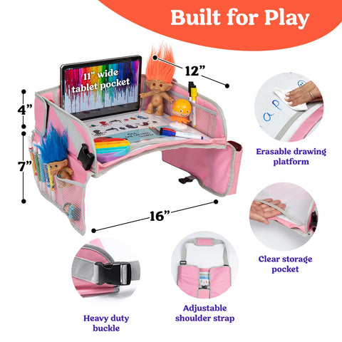 PILLANI Kids Travel Tray for Car - Car Seat Tray for Kids Travel, Road Trip Essentials, Carseat Table for Roadtrip Activities - Must Haves Toddler Lap Desk Organizer for Airplane - Car Accessories