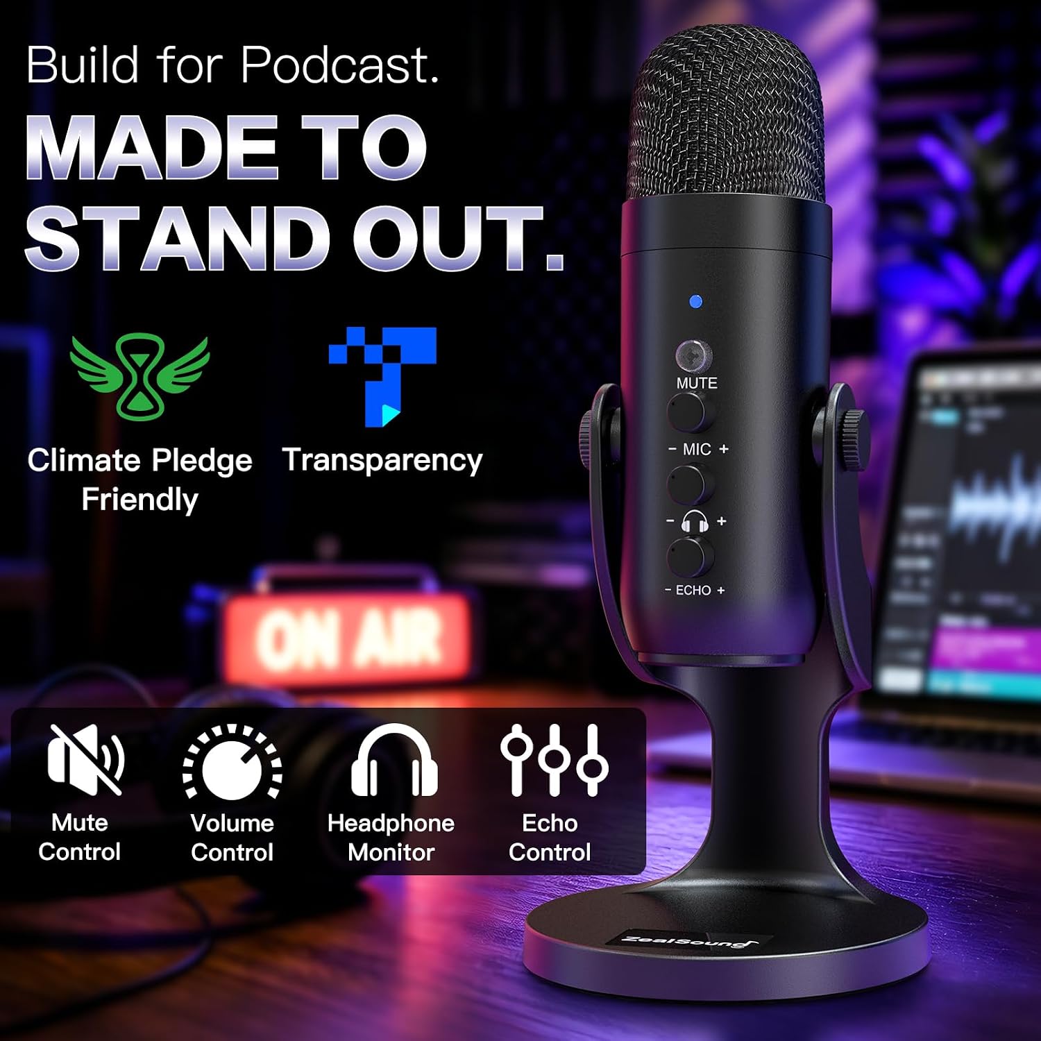 ZealSound Podcast Microphone for PC, Noise Cancellation USB Mic with Gain, Volume Adjustment & Mute Button, Monitoring & Echo, for YouTube, TikTok, Podcasting, Streaming, iPhone, iPad, Android, Mac