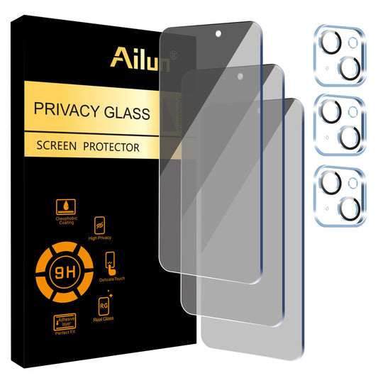 Ailun 3 Pack Privacy Screen Protector for iPhone 15 [6.1 inch] + 3 Pack Camera Lens Protector, Anti Spy Private Tempered Glass Film, Case Friendly, [9H Hardness] - HD [Black] [6 Pack]