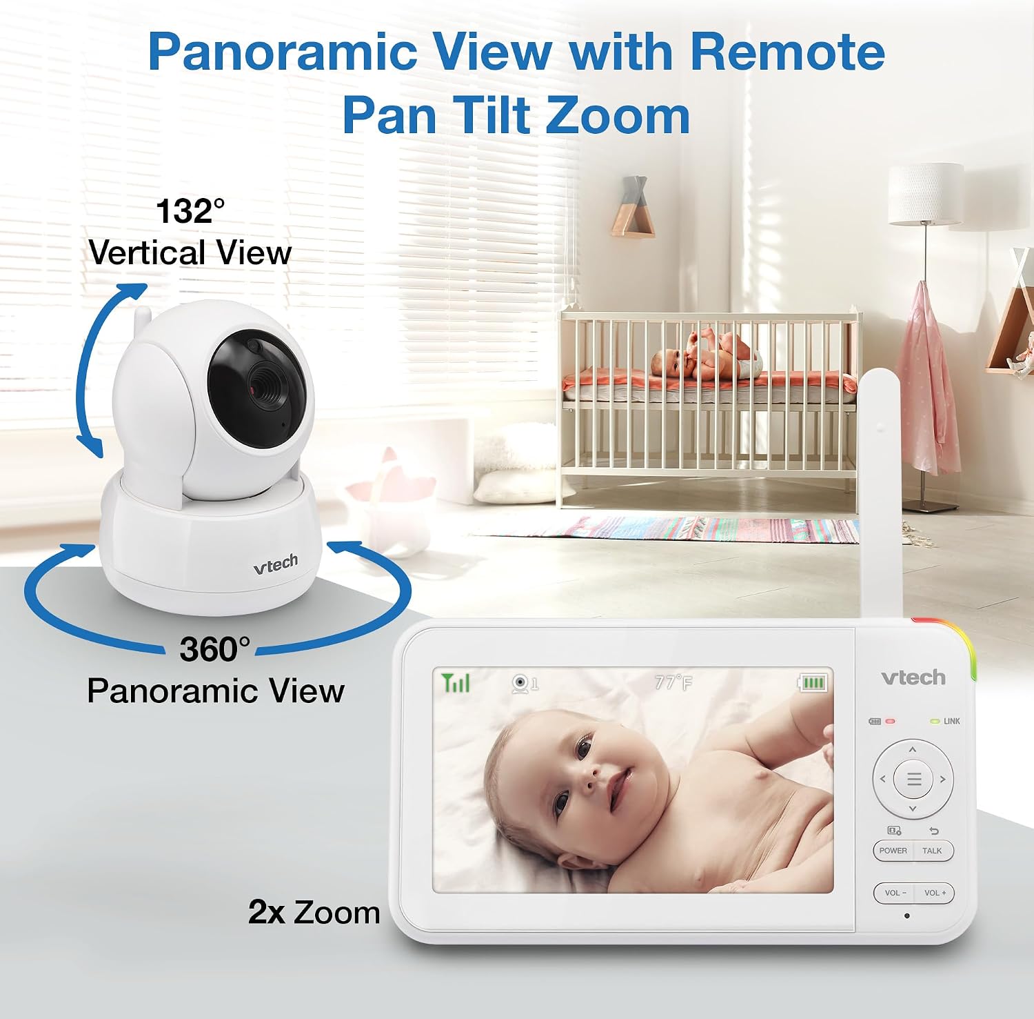 VTech Baby Monitor No WiFi, 2 Cameras – Monitor Two Rooms, Remote Pan-Tilt-Zoom, Hack-Proof, 5" Screen, 17Hr Battery, 1000ft Range, Night Vision, Temperature Sensor | 924-2W