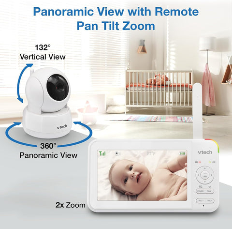 VTech Baby Monitor No WiFi, 2 Cameras – Monitor Two Rooms, Remote Pan-Tilt-Zoom, Hack-Proof, 5" Screen, 17Hr Battery, 1000ft Range, Night Vision, Temperature Sensor | 924-2W
