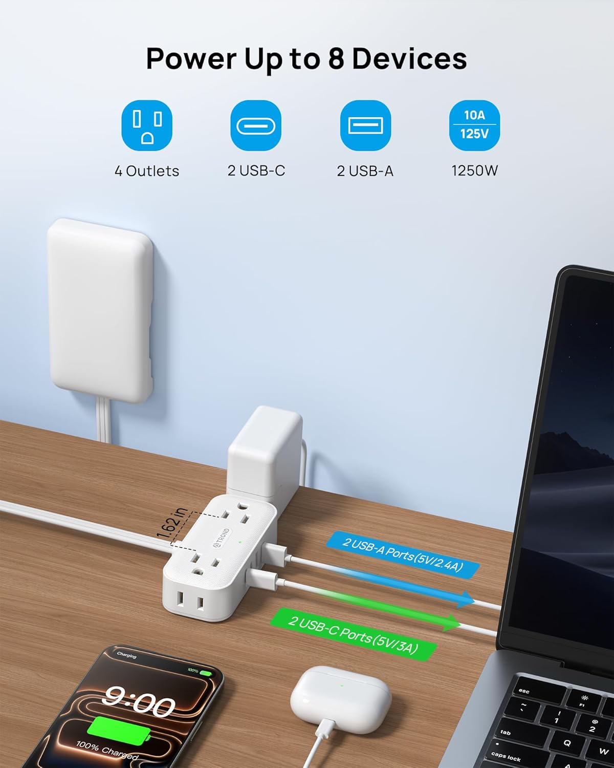 TROND 5ft Flat Extension Cord with Ultra-Thin Outlet Cover, 1250W, White