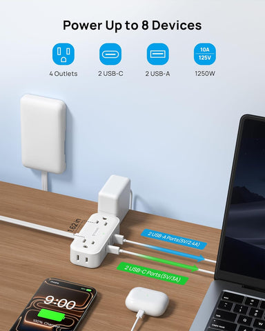 TROND 5ft Flat Extension Cord with Ultra-Thin Outlet Cover, 1250W, White
