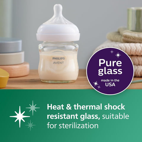 Philips Avent Natural Glass Baby Bottles, Slow Flow, 4 oz, BPA-Free, 4-Pack