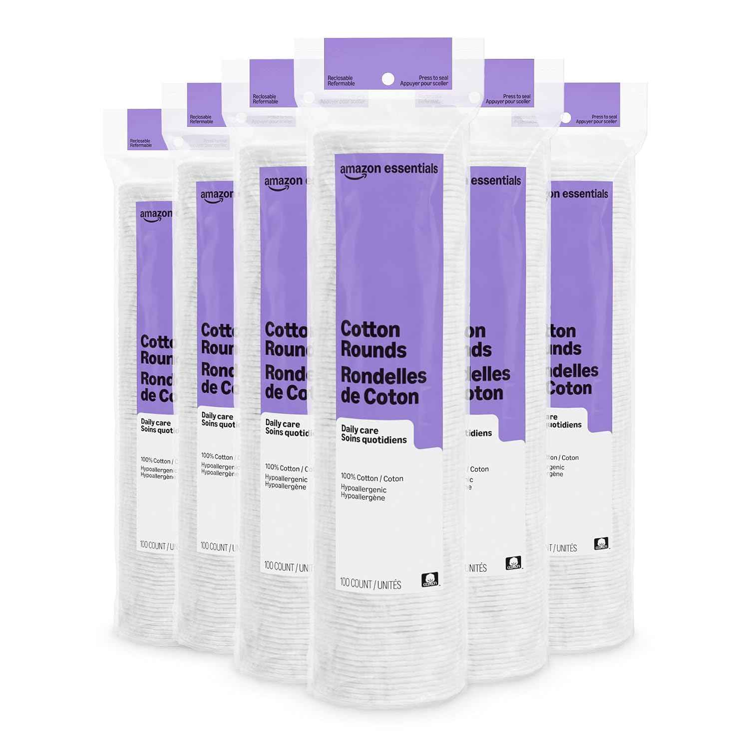 Amazon Basics 100% Cotton Rounds for Makeup Remover and Skincare, All Skin Types, 600 Count, 6 Packs of 100 Count