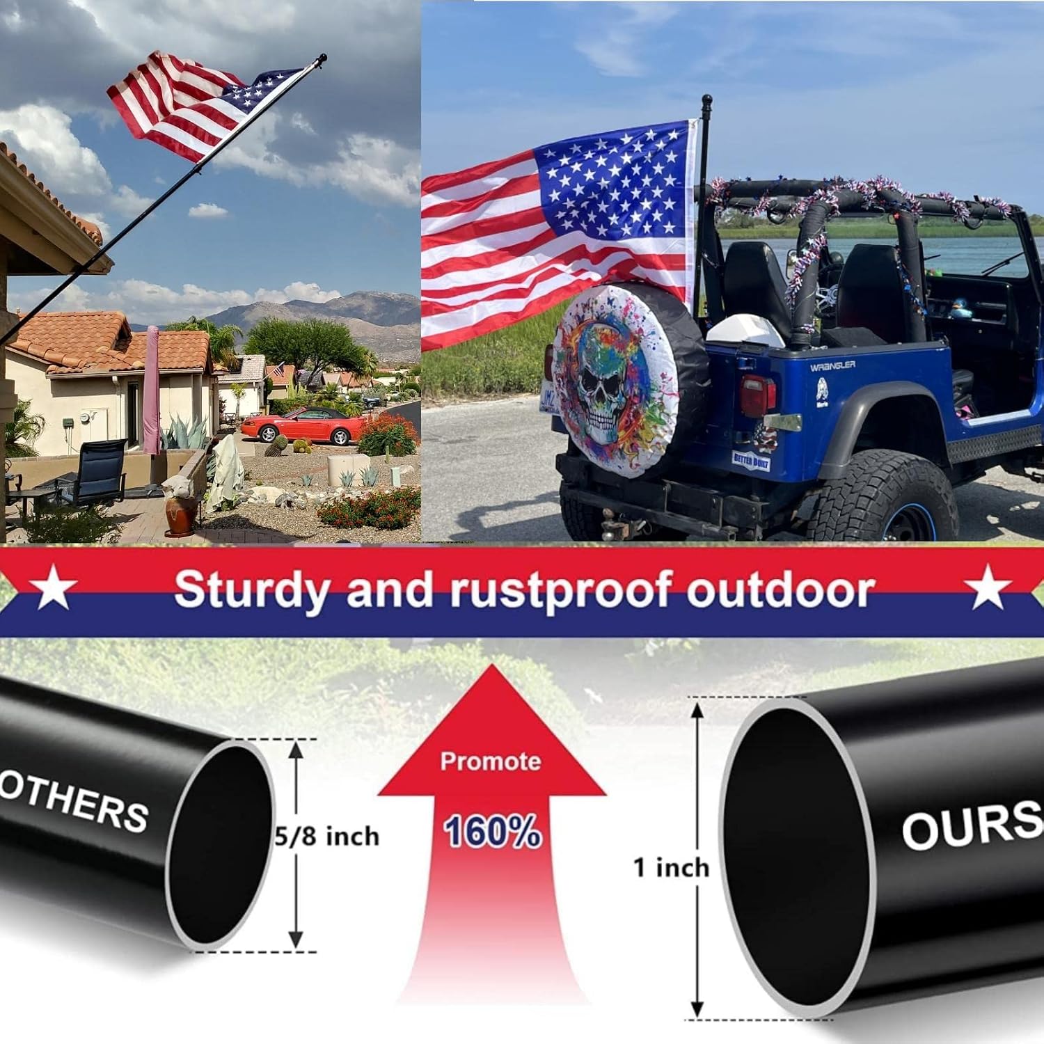 Flag Pole for Outside House, 5 FT Tangle-Free Heavy Duty, 45°/90° Bracket