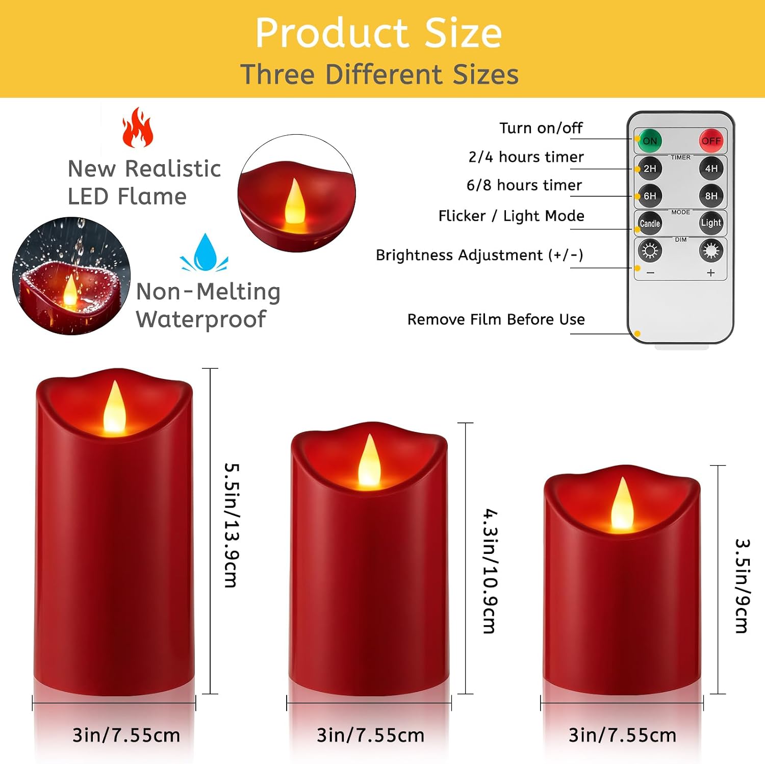 Flameless Candles 4" 5" 6" Set of 3 Outdoor Indoor Burgundy Pillars Battery Operated Flickering Candles with Cozy Climbing Flame Effect, 8-Key Remote Timer, Plastic LED Candles for Wedding Decor