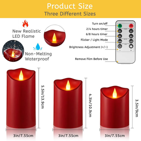 Flameless Candles 4" 5" 6" Set of 3 Outdoor Indoor Burgundy Pillars Battery Operated Flickering Candles with Cozy Climbing Flame Effect, 8-Key Remote Timer, Plastic LED Candles for Wedding Decor