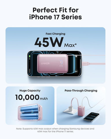 Anker Nano Power Bank, 45W 10,000mAh Portable Charger, iPhone Battery Pack (Pink)
