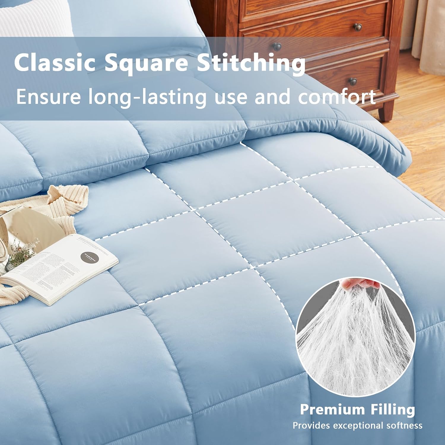 CozyLux Twin/Twin XL Comforter Set, 2-Piece Box-Stitched, Baby Blue