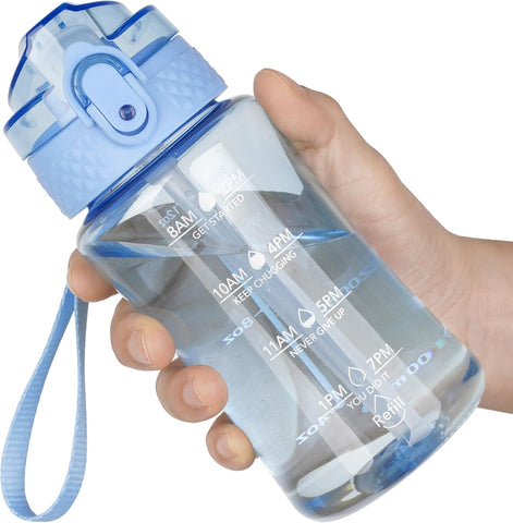 OLDLEY 12oz Kids Water Bottle, Tritan BPA-Free, Leakproof Flip Straw Lid, Motivational Time Marker, Carry Strap, Reusable Clear Water Bottle for Boys & Girls,Baby Blue