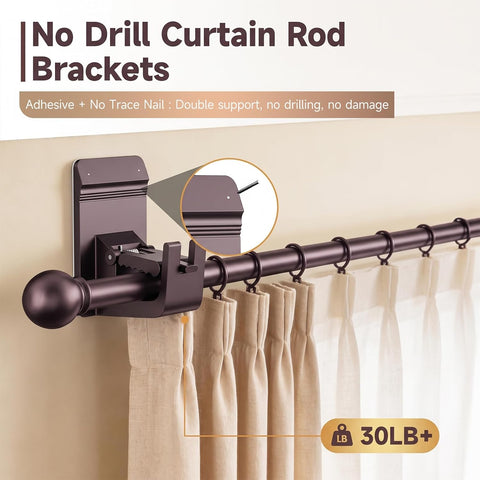Heavy Duty Curtain Rod Brackets, No Drill Curtain Rod Brackets with Adhesive & Invisible Nail, 30+LB Load Curtain Rod Holders, Damage Free Curtain Rod Hooks for Wall, Bathroom, Kitchen 4PC Bronze