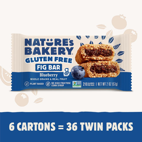 Nature’s Bakery Gluten Free Fig Bars, Blueberry, Real Fruit, Vegan, Non-GMO, Snack bar, 6 boxes with 6 twin packs (36 twin packs)