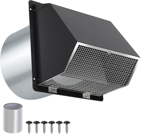 10 Inch Hooded Wall Vent with Screen and Damper,Outdoor Wall Exhaust Vent Cover Cap for Kitchen Range Hood HVAC Duct Dryer Ventilation&Outside Exterior Mount,Galvanized Steel,Black