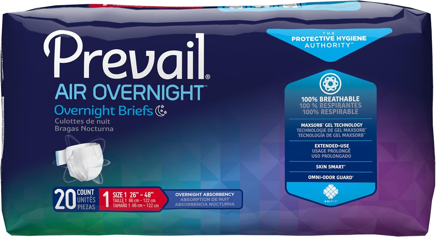Prevail AIR Overnight Incontinence Briefs - Unisex Adult Incontinence Briefs with Tabs - Disposable Adult Diaper for Men& Women - Overnight Absorbency - Size 1, 80 Count (4 Packs of 20)