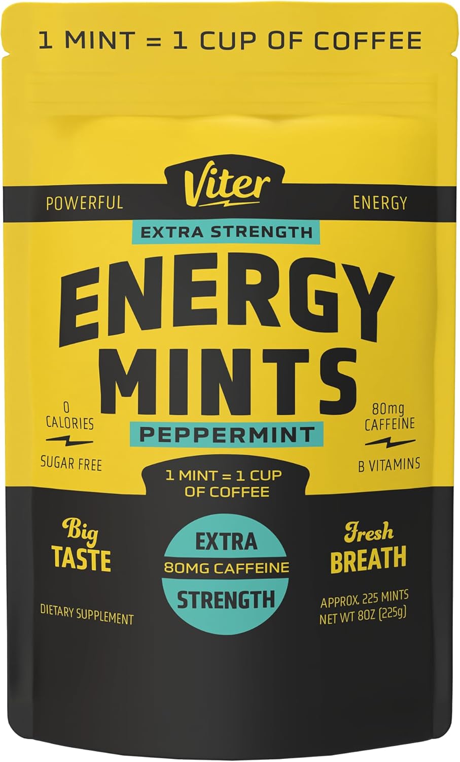 Viter Energy Extra Strength Caffeine Mints 80mg, Peppermint, 8oz Bulk Bag