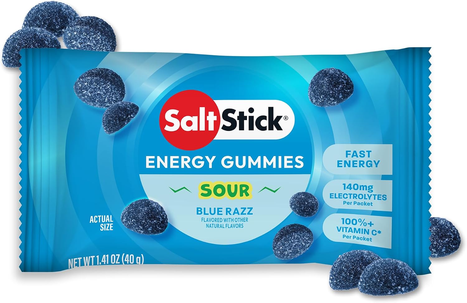 SaltStick Energy Chews Blue Sour Raz Energy Gummies 10 Bags/ 20 Servings