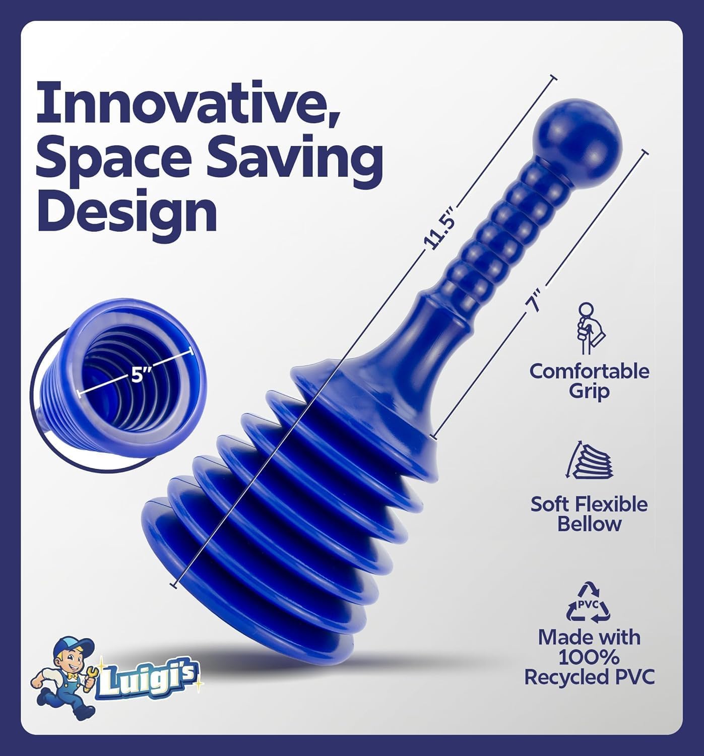 Luigi's Sink Plunger Kitchen - Sink Plunger Bathroom - Drain Bathtub or Shower - Small and Powerful Clog Remover - Commercial Style "Plumbers Plungers" with Large Bellows - Blue - Small