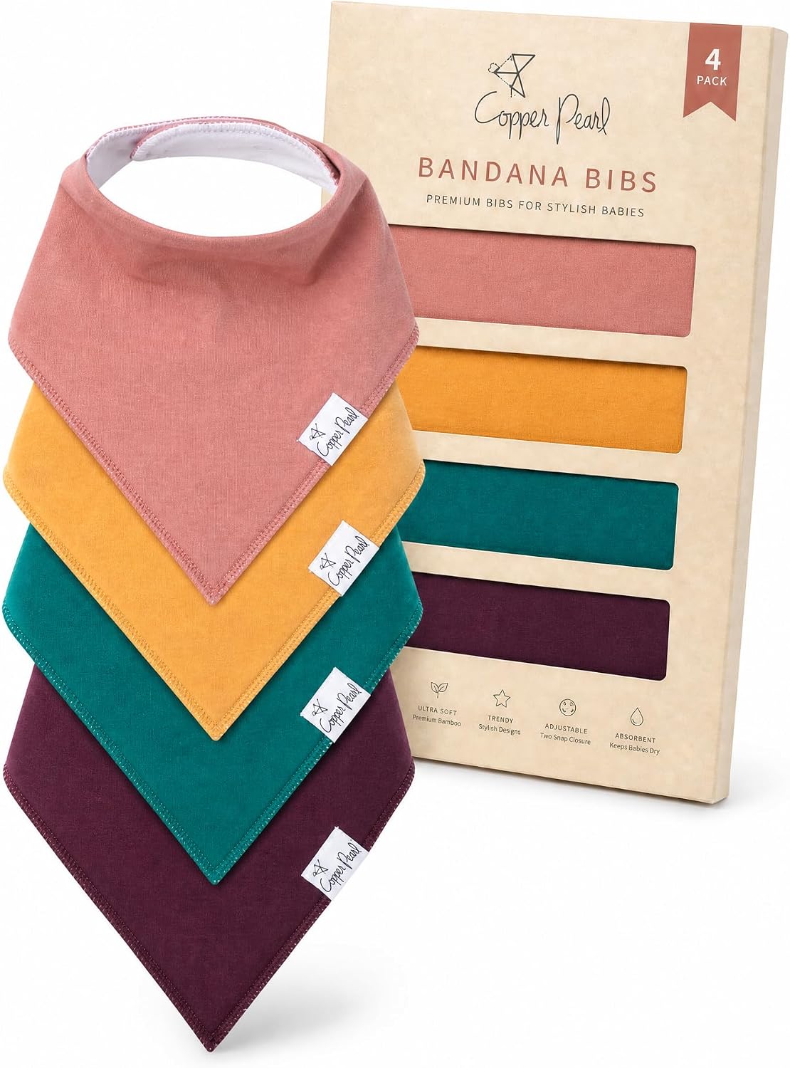 Copper Pearl Baby Bibs 4 Pack, Printed Bandana Drool Bibs for Baby Girl & Boy, Soft Cotton Drooling Teething Bibs