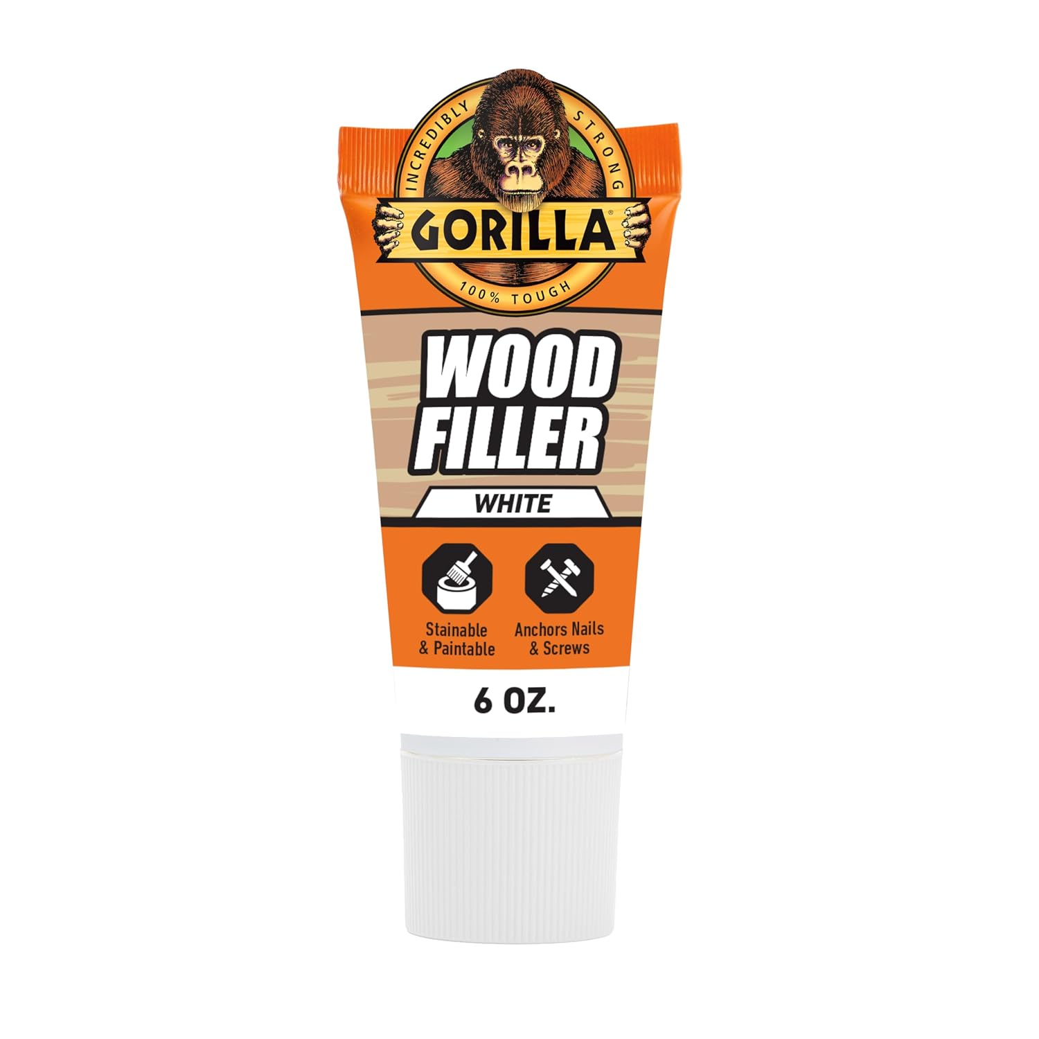 Gorilla Wood Filler, Water Resistant, White, 6 oz Tube