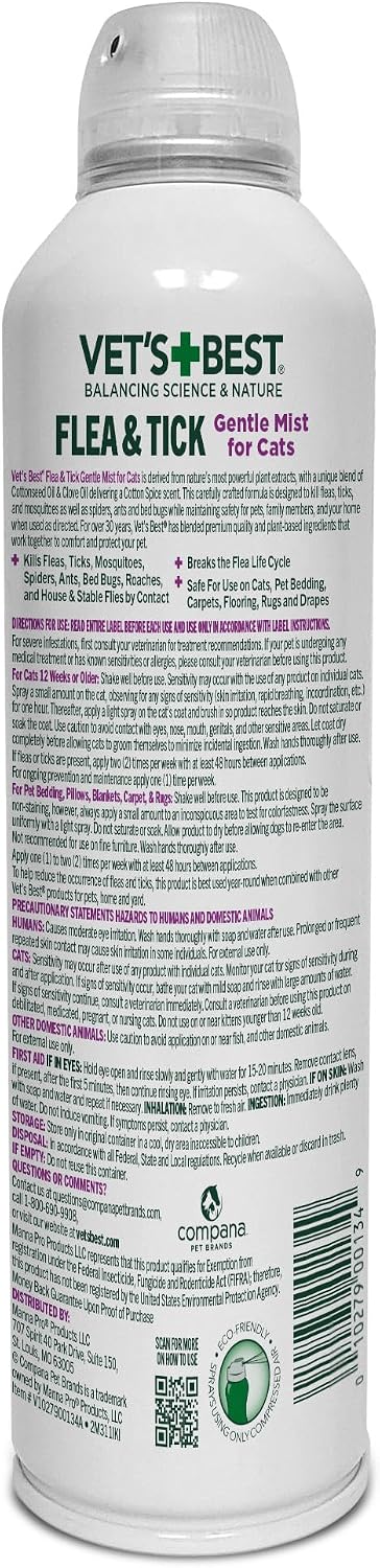 Vet's Best Flea & Tick Mist for Cats, Cotton Spice, Plant-Based, 6.3 oz