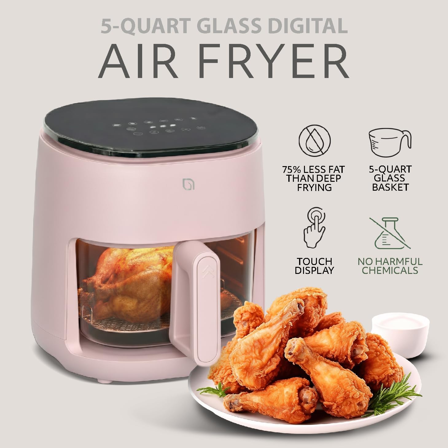 WILLOW Eco Series 6 in 1 Air Fryer with Glass Basket, 5 Quart Non Toxic Air Fryer w Digital Display, 430°F Max Temp, Preheat & Keep Warm Function, Compact + Dishwasher Safe Glass Airfryer - Pink